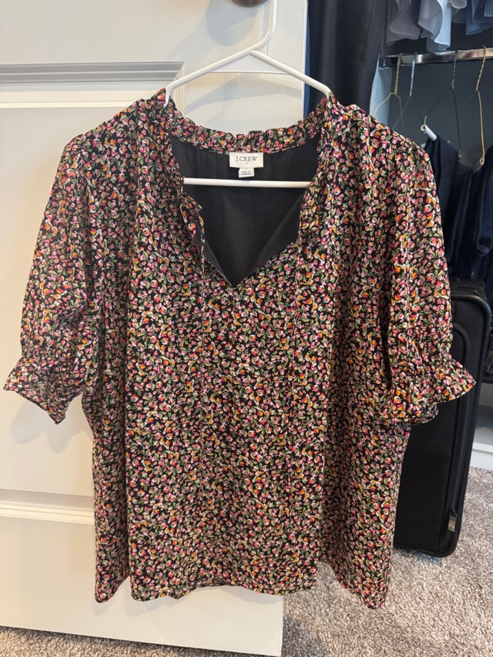 J. Crew Black Floral Ruffle V-Neck Blouse